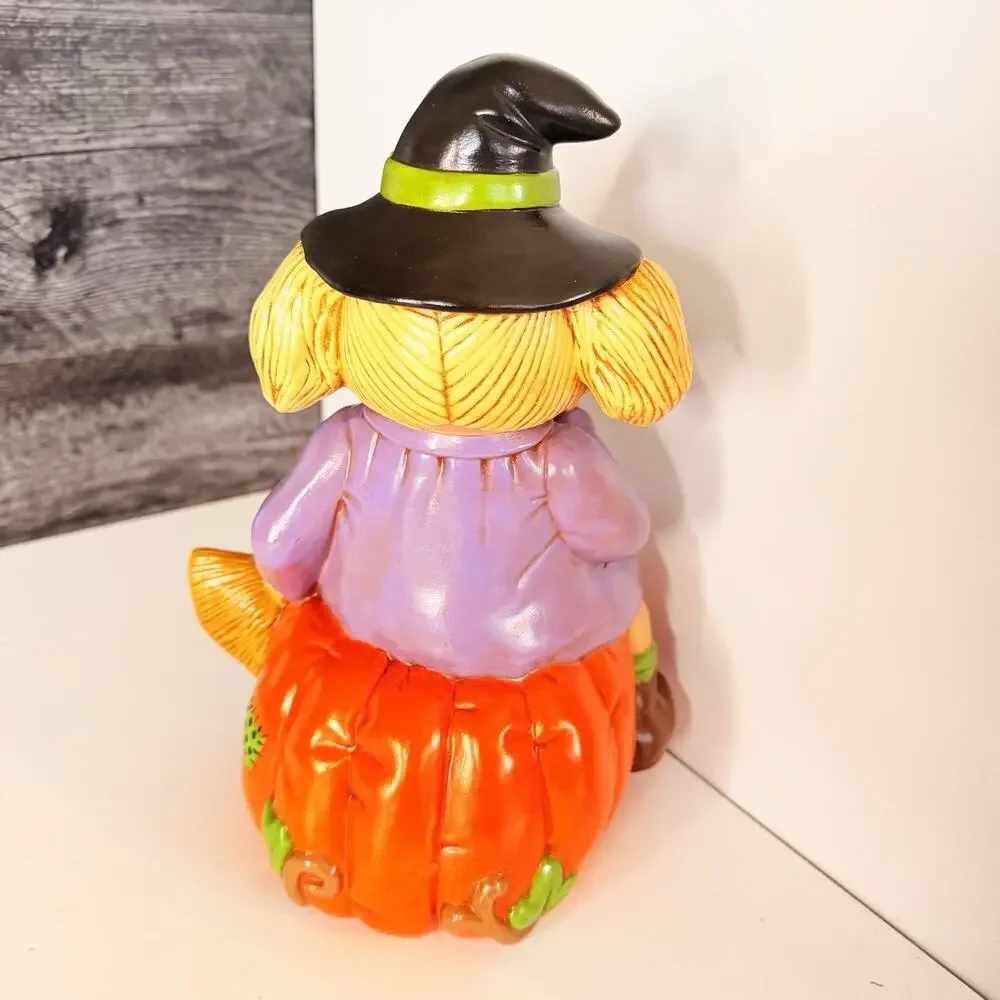 Vintage Ceramic Cabbage Patch Kids Halloween Witch Sitting on Pumpkin Figurine